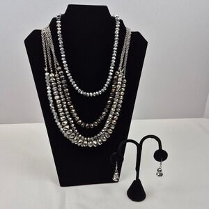 Party Glam‎ 2 Necklace & Earrings Set Multi-Strand Silver Beads Cocktail Sparkle